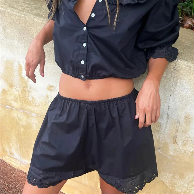 VacationGrabs Women Y2k Lace Trim Lounge Shorts Floral Embroidery Elastic Low Rise Wide Leg Pjs Bottoms Teens Ruffle Cute Mini Shorts