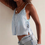 Women Lace Trim Satin Tank Tops Silk Spaghetti Strap V Neck Mesh Lace Camisole Top Y2K Flowy Going Out Layering Top