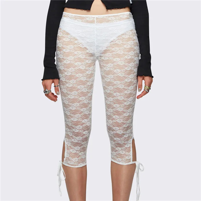 VacationGrabs Lace Capri Leggings for Women Y2k Mesh See Through Pants Fairycore Floral Lace Tights Pants for Daily Streetwear