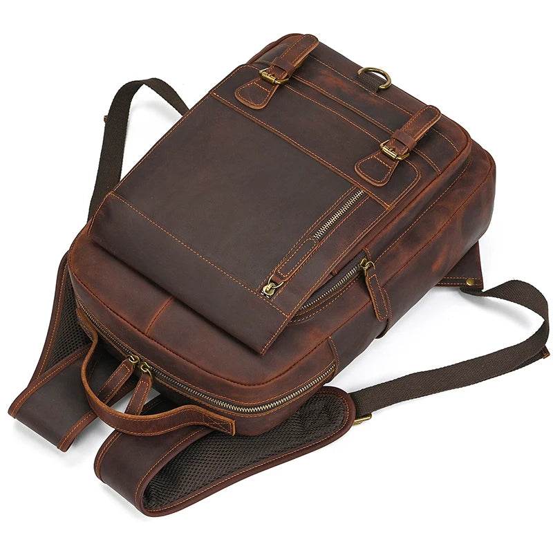 Crazy Horse Leather Men’s Laptop Backpack Travel Computer Bag - VacationGrabs