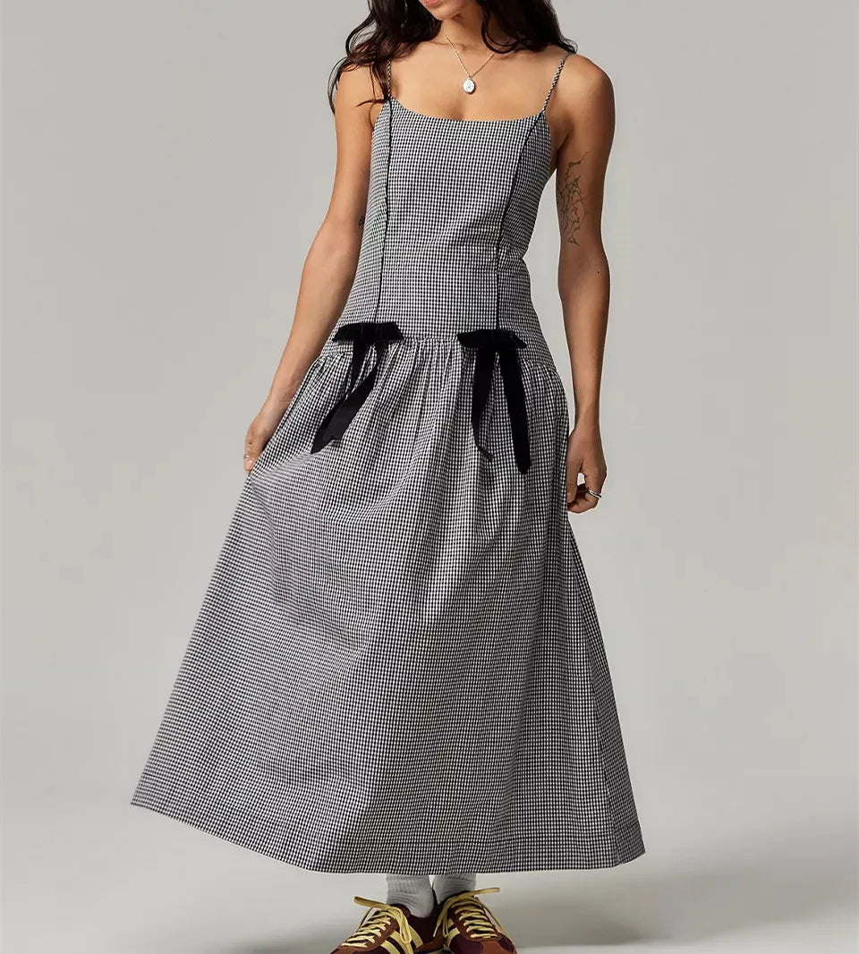 Women Midi Spaghetti Strap Dress Plaid Print Scoop Neck Sleeveless Backless Dress for Daily Party Club Summer Y2K Streetwear