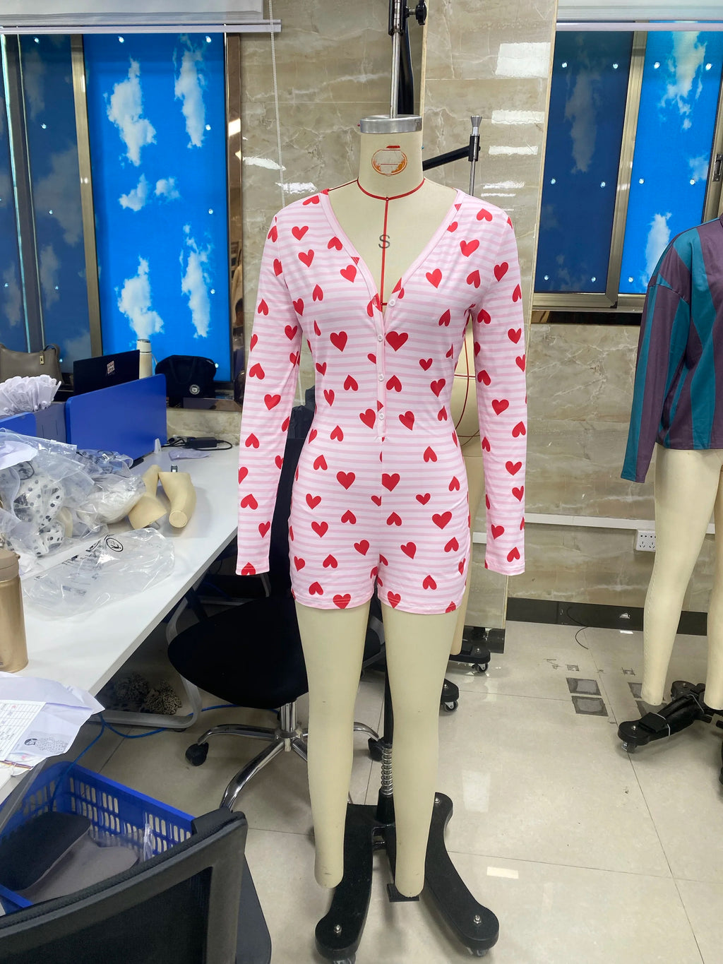 VacationGrabs Women Valentines Day Jumpsuit Pajama Romantic Heart Print Long Sleeve V Neck Button Front Shorts Romper Fitted Sleepwear