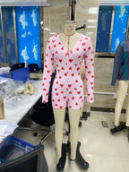 VacationGrabs Women Valentines Day Jumpsuit Pajama Romantic Heart Print Long Sleeve V Neck Button Front Shorts Romper Fitted Sleepwear
