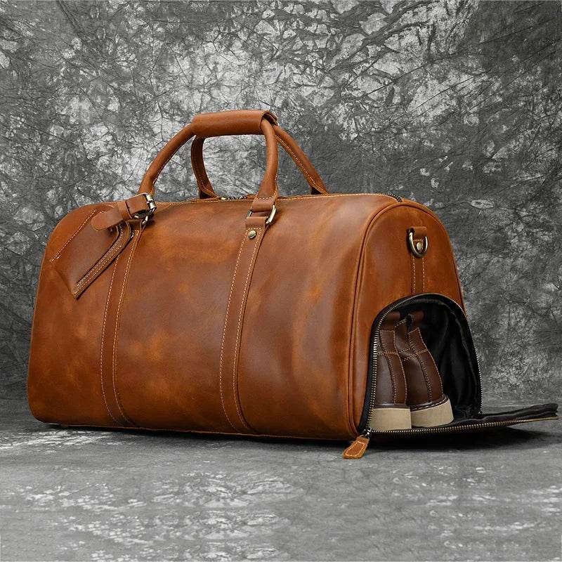 Vintage Leather Travel Duffle Bag With Shoe Pocket Weekend Bag - VacationGrabs