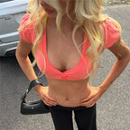 VacationGrabs Summer Women Deep V Neck Puff Sleeve Crop Top Button Front Slim Fit Short Cropped T Shirt Casual Solid Streetwear Blouse
