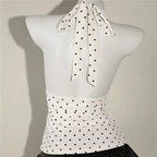 VacationGrabs Ladies Vintage Polka Dot Halter Neck Top Deep V Tie Back Sleeveless Ruched Waist Peplum Tank Top For Y2K Streetwear