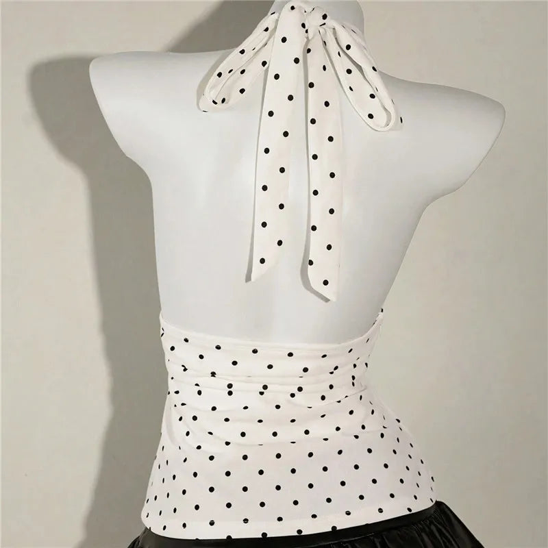 VacationGrabs Ladies Vintage Polka Dot Halter Neck Top Deep V Tie Back Sleeveless Ruched Waist Peplum Tank Top For Y2K Streetwear