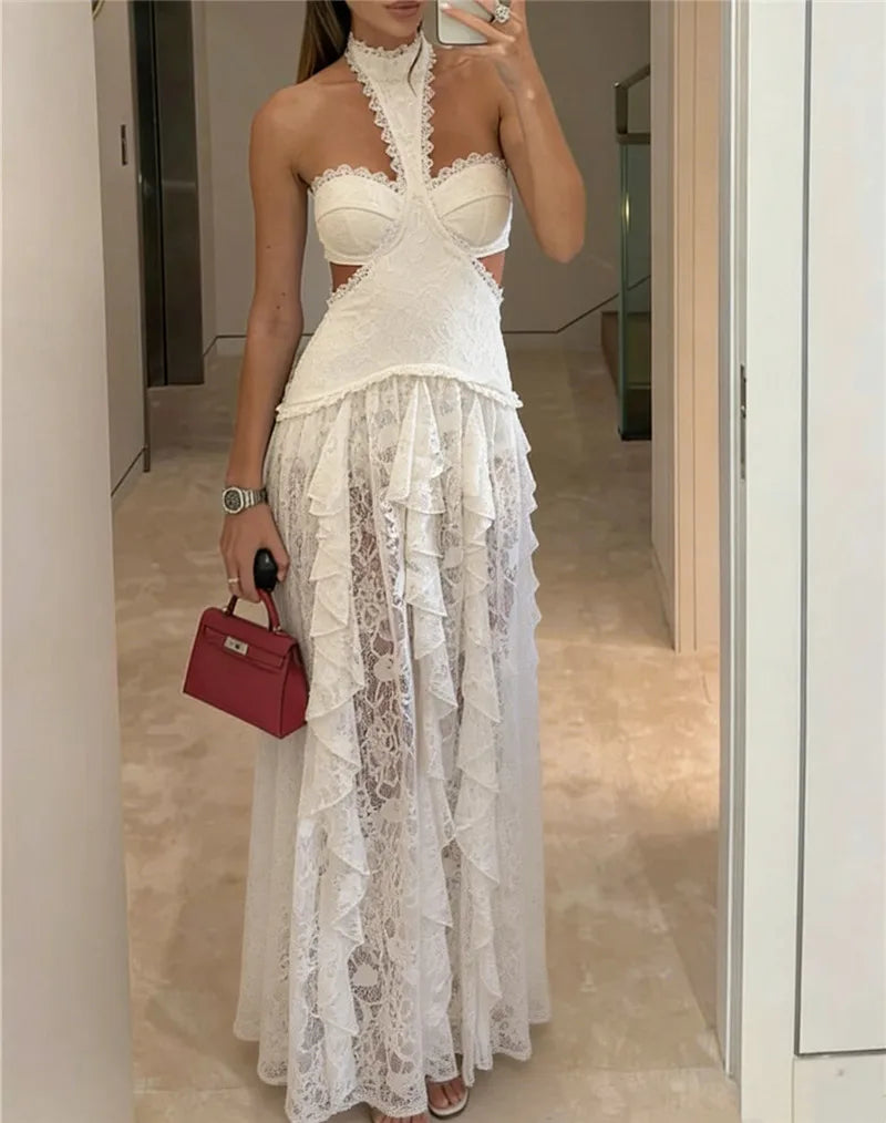 Sexy Cut Out Halter Lace Maxi Dress Sheer Tiered Ruffle See Through Long Gown Backless Slim Bodycon Party Club Night Women Dress