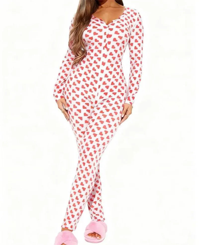 VacationGrabs Women Valentines Sexy Heart Print Long Sleeve Slim Fit Romper Pajamas Holiday Bodycon Button Up Jumpsuit Cute Pjs