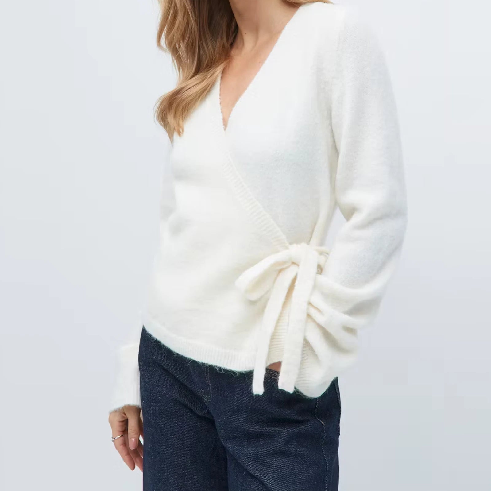 VacationGrabs Wrap Sweater Tops for Women Lightweight Side Tie Front Ballet Wrap Cardigan Elegant V Neck Fitted Cropped Sweaters