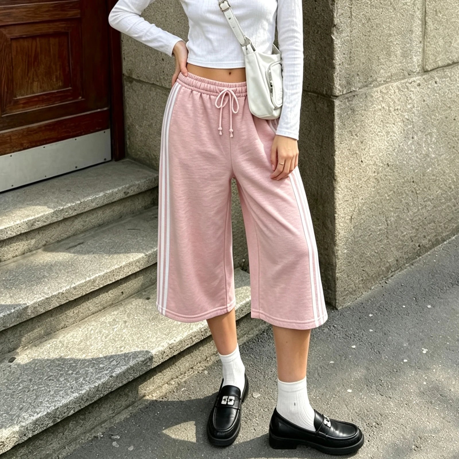 VacationGrabs Women Side Stripes Capri Sweatpants Drawstring Elastic Waist Loose Knee Length Casual Sports Cropped Jogger Pants