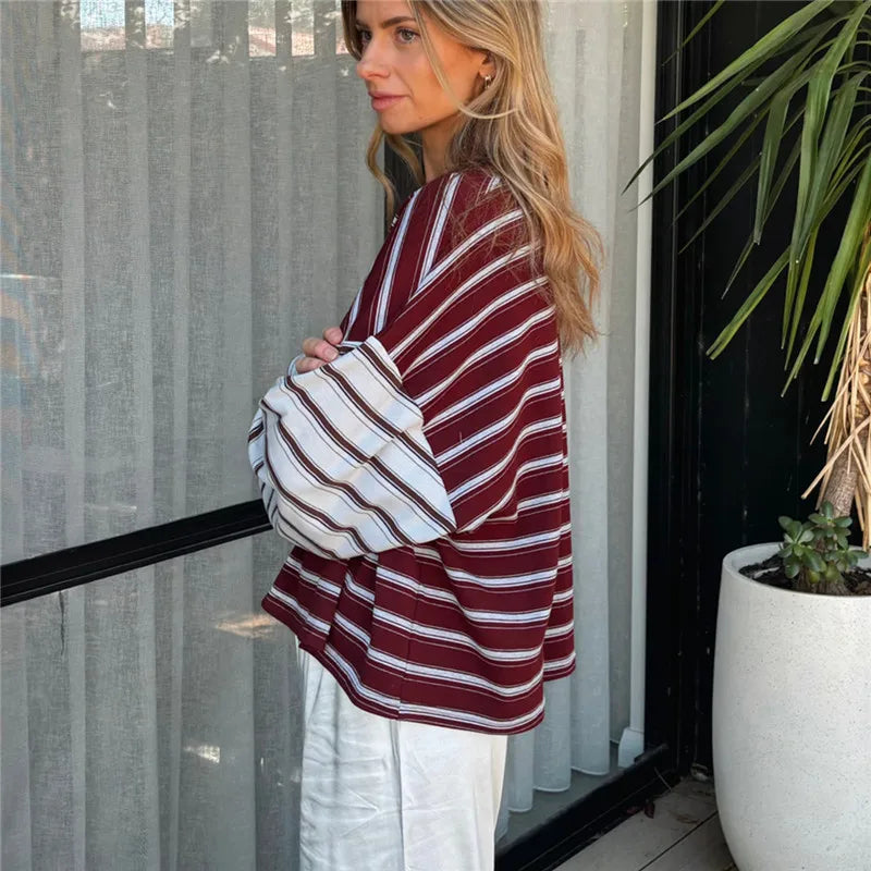 VacationGrabs Women Patchwork Striped Long Sleeve T‑Shirt Crew Neck Oversized Drop Shoulder Cropped Loose Casual Street Top