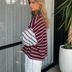 VacationGrabs Women Patchwork Striped Long Sleeve T‑Shirt Crew Neck Oversized Drop Shoulder Cropped Loose Casual Street Top