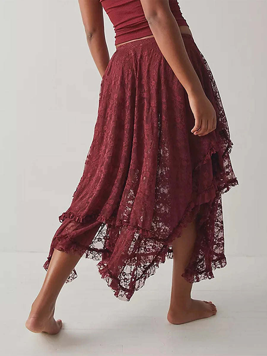 VacationGrabs Floral Lace Long Skirt for Women Y2K Elastic Waist Asymmetrical Layered Maxi Skirt Sexy See Through Flowy Beach Skirt