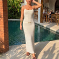 VacationGrabs Women Summer Vacation Maxi Dress Spaghetti Strap Square Neck Textured Knit Bodycon Pencil Dress Backless Slim Long Dress
