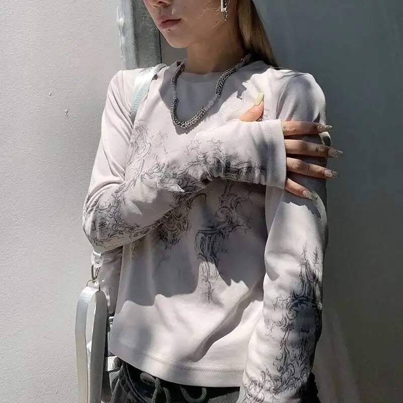 Women's Y2K Geometric Print Long Sleeve O-Neck Tee