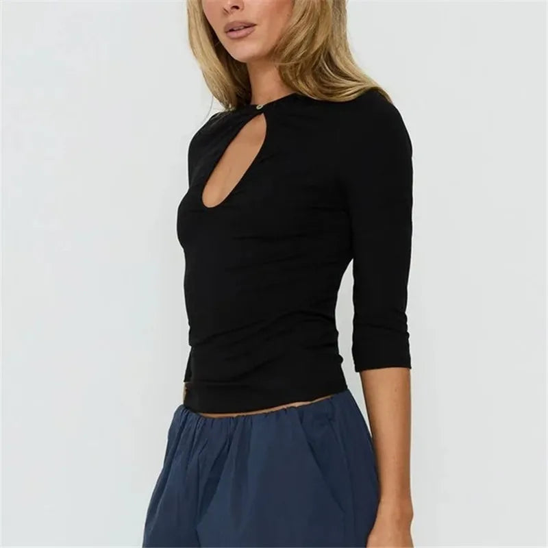 VacationGrabs Women Keyhole Cutout Neck 3/4 Sleeve Crop Top Slim Fitted Solid Crew Neck Button Detail T Shirt Y2K Casual Streetwear