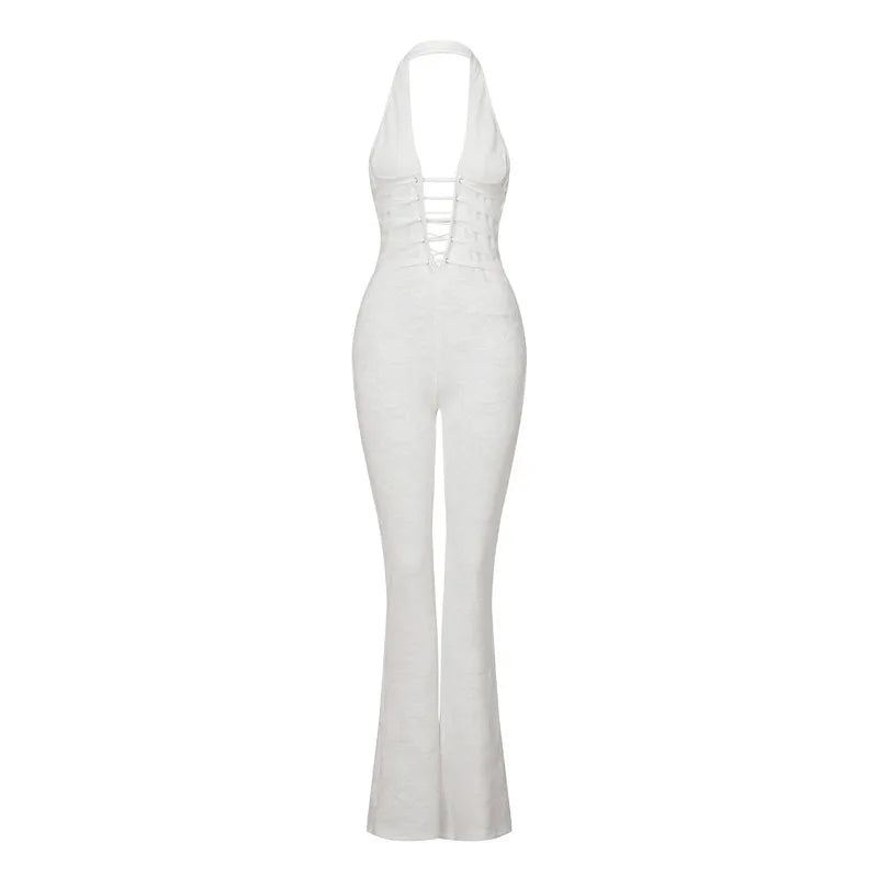 VacationGrabs Chic Women Lace Jumpsuits Halter Neck Cross Backless Sleeveless Long Rompers Summer Slim Playsuit Clubwear ropa de mujer