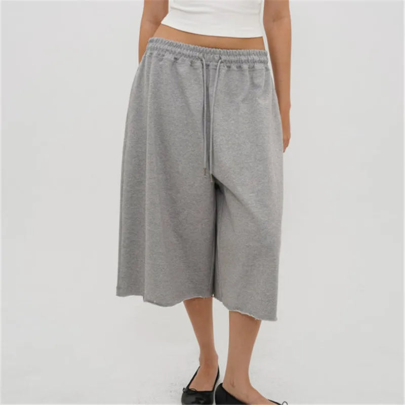 VacationGrabs Ladies Raw Edge Bermuda Sweat Pants Elastic Drawstring Waist Loose Wide Leg Casual Knee Length Capri Jogger Trousers