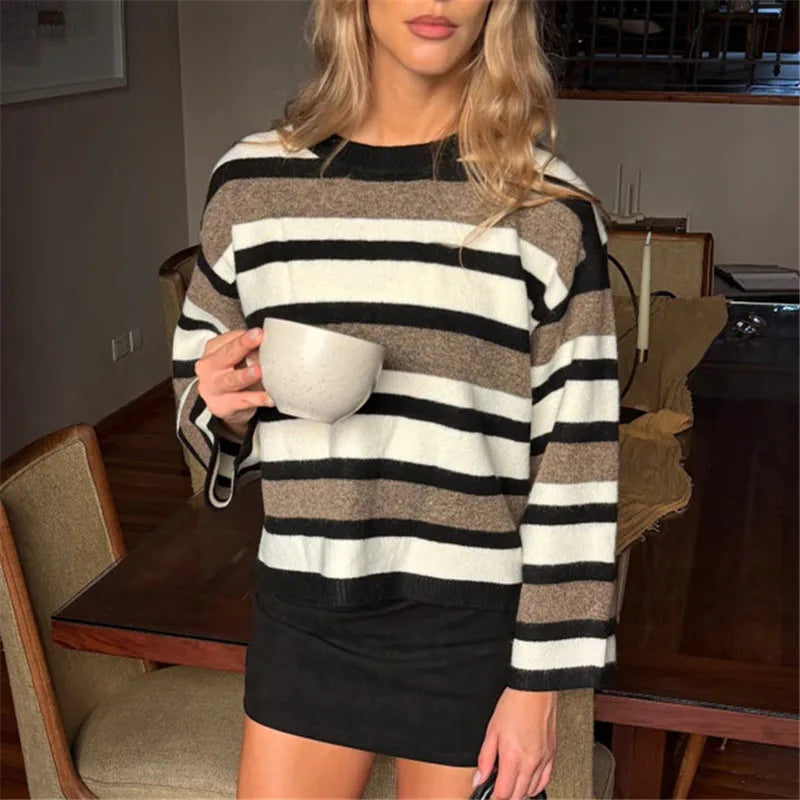 VacationGrabs Y2K Stripe Short Knit Pullover Crewneck Oversized Long Sleeve Cropped Sweater Women Vintage Street Fall Winter Jumpers