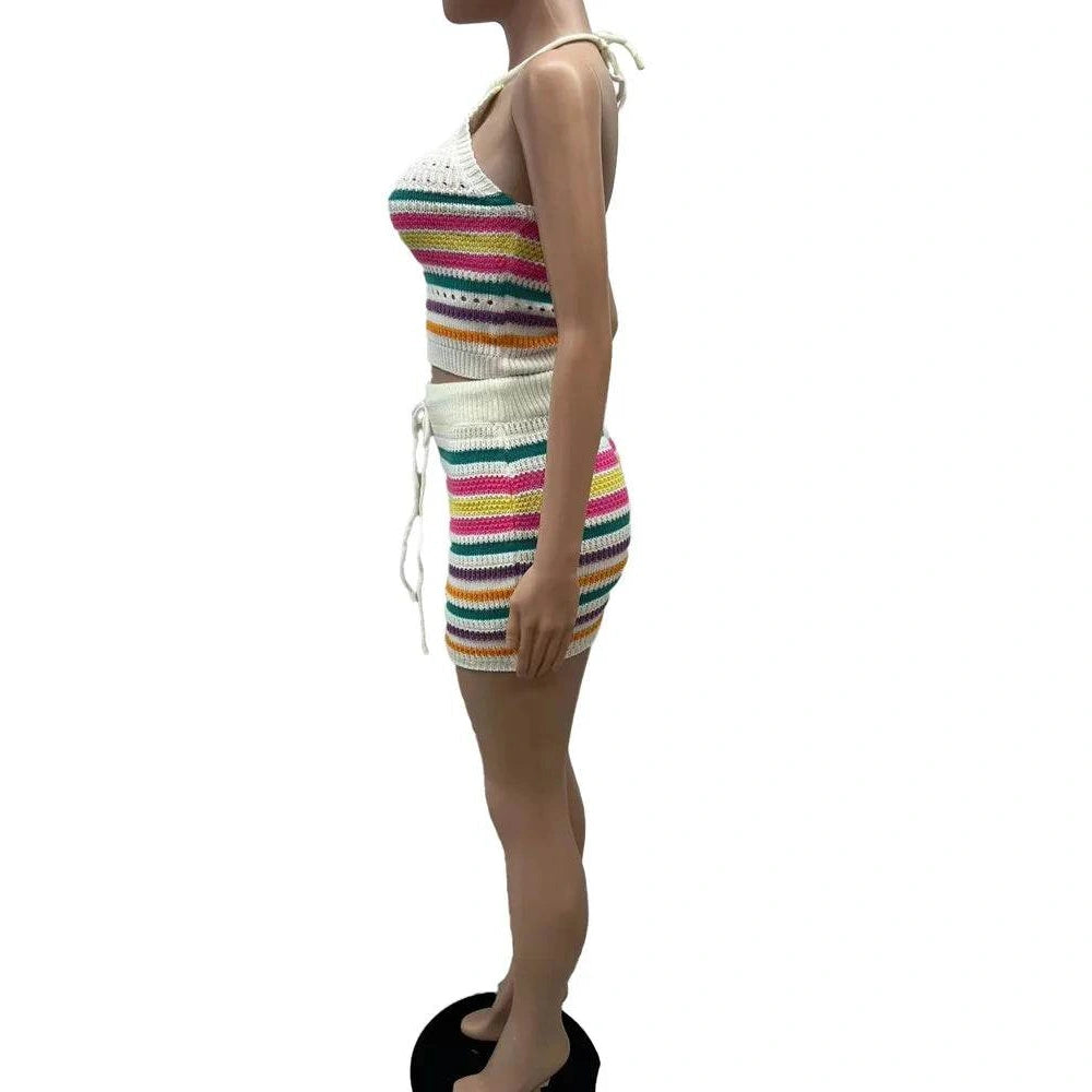 Two Piece Womens Halter Crop Top + Matching Skirt Set - VacationGrabs