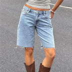 VacationGrabs Women Loose Fit Denim Shorts Elegant Solid Color Zip Fly with Button Closure Bermuda Jean Shorts for Beach Daily Wear