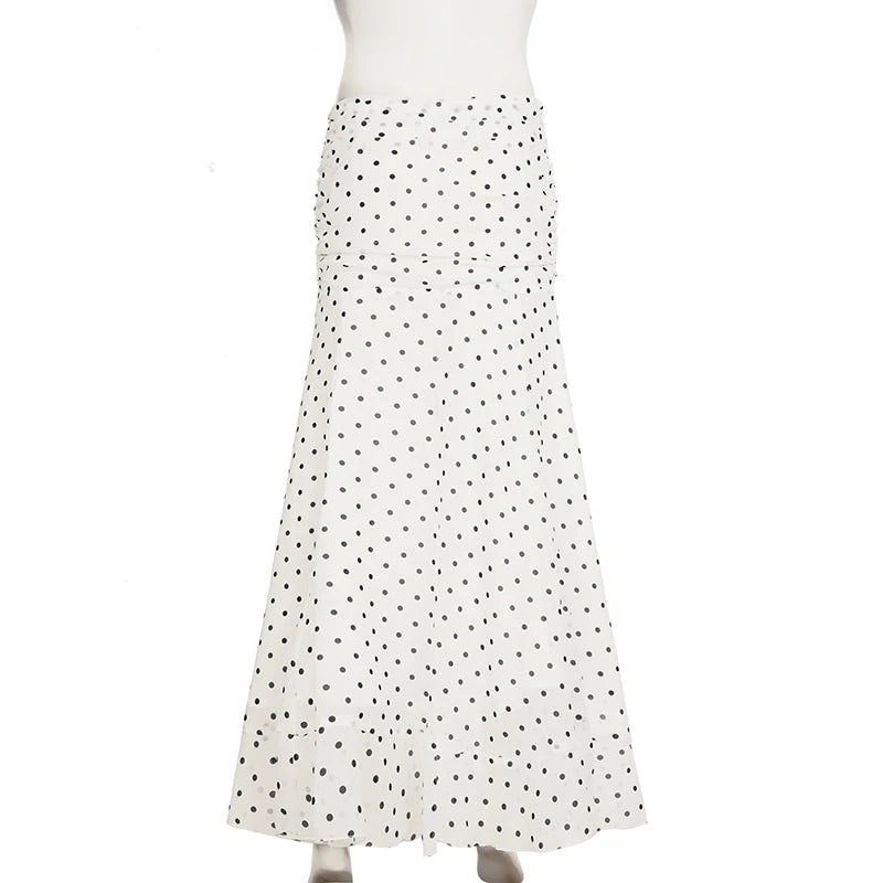 VacationGrabs Polka Dot Floor-length Chiffon Skirt French Style Ruffled Mesh A-line Skirts Elegant Maxi Bottoms High Waist Streetwear