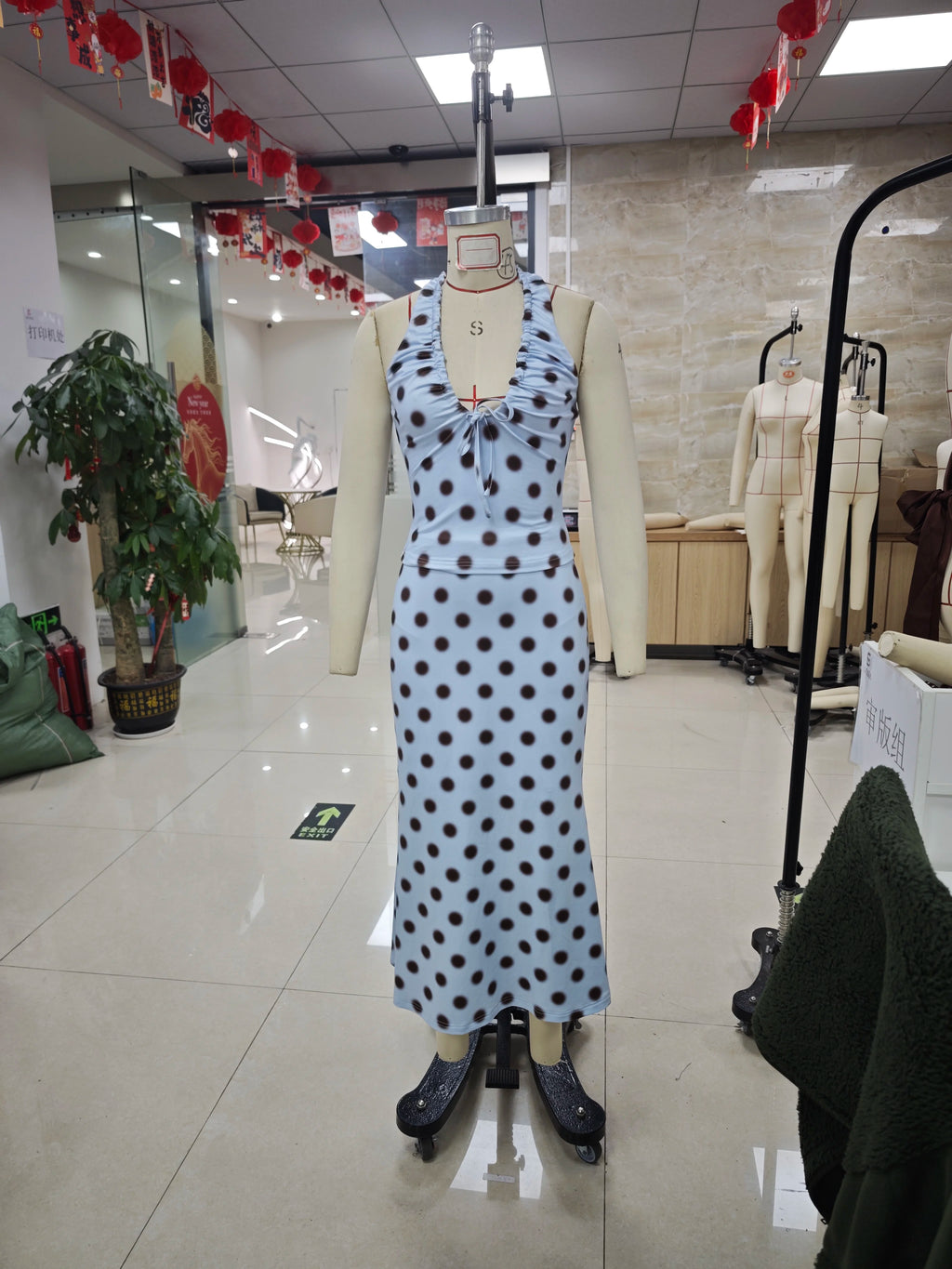 Coquette Blue Polka Dot 2 Piece Set Women Halter Crop Top + Midi Skirt Y2K Aesthetic Tie Front Sleeveless Backless Summer Outfit