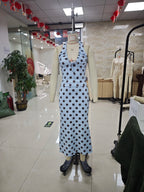 Coquette Blue Polka Dot 2 Piece Set Women Halter Crop Top + Midi Skirt Y2K Aesthetic Tie Front Sleeveless Backless Summer Outfit