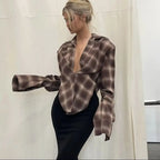 VacationGrabs Women Sexy Blouses Vintage Contrast Plaid V-Neck Slim Shirt Top Fashion Y2k Party Look New High Waisted Female Shirt Top
