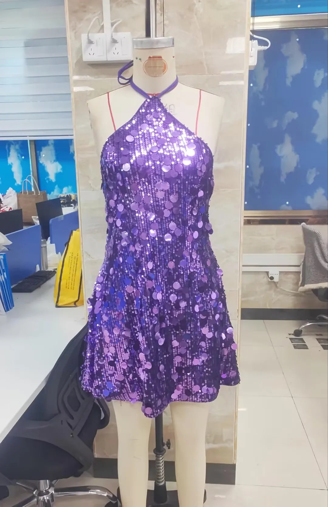 VacationGrabs Women Halter Backless Sequin Mini Dress Glitter Paillette Tie Up Short Dress Club Party Sparkly Cocktail Evening Dresses