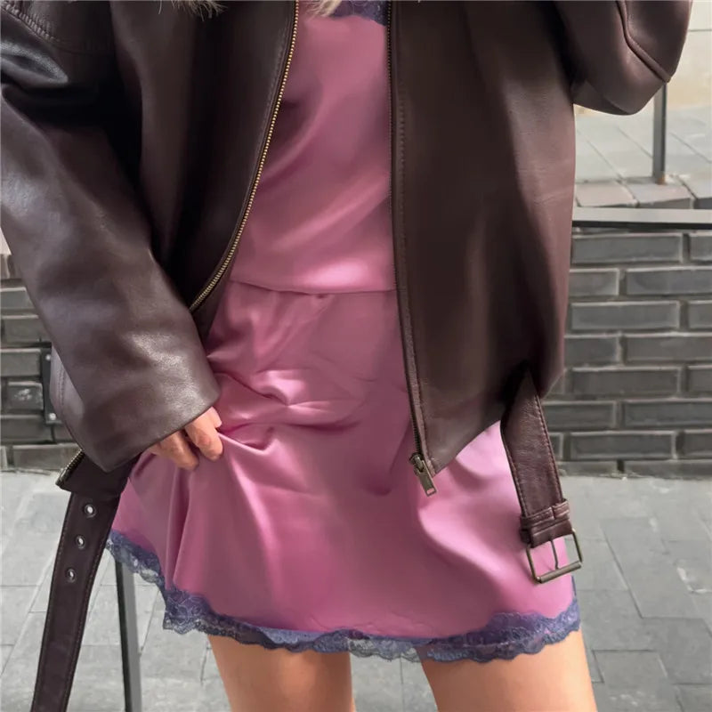 VacationGrabs Summer French Women Satin Pajama Skirts Bottoms Lace Trim Silk Lounge Skirts High Elastic Waist Y2K Vintage Streetwear