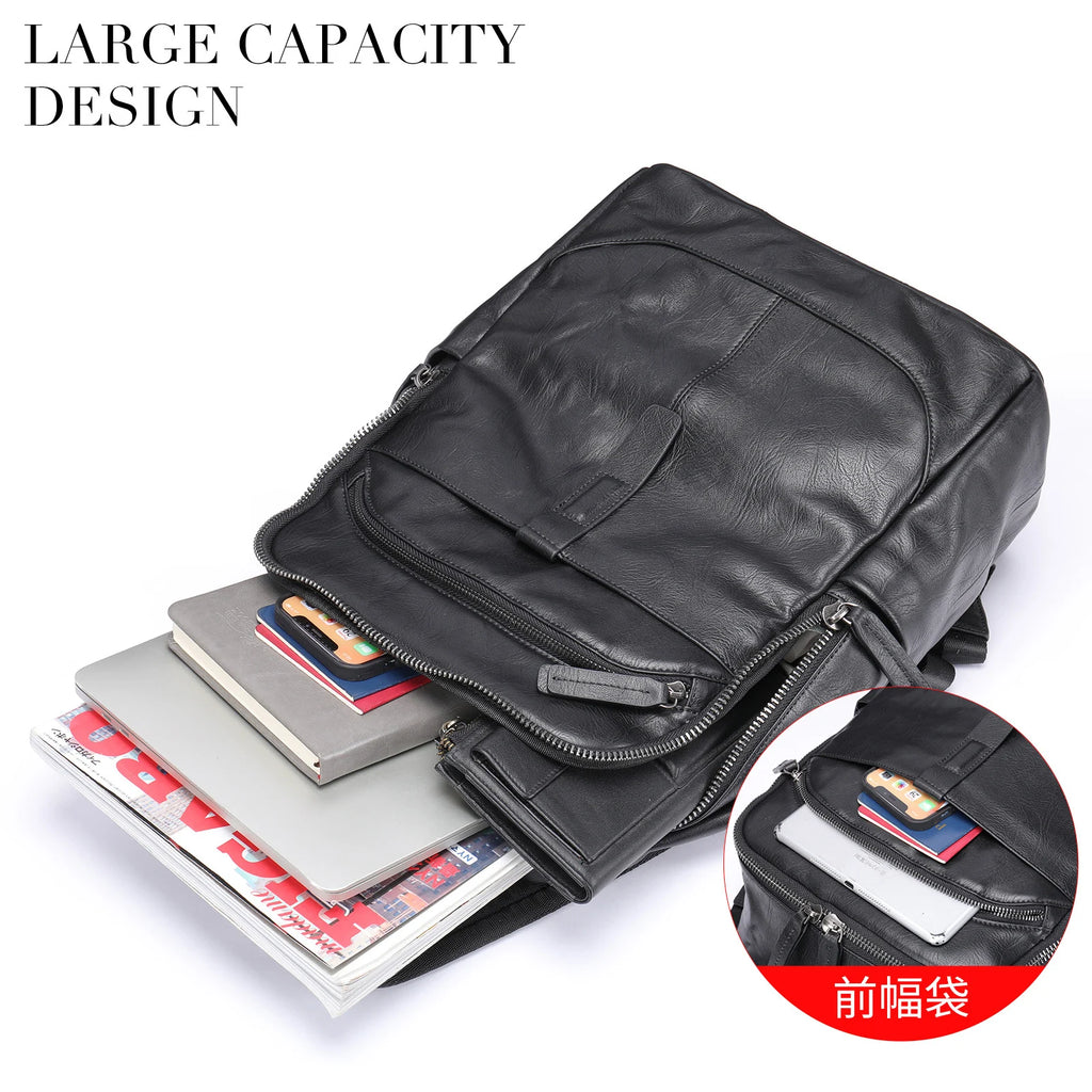 Black Leather Backpack for Men Casual Travel Daypack 14"