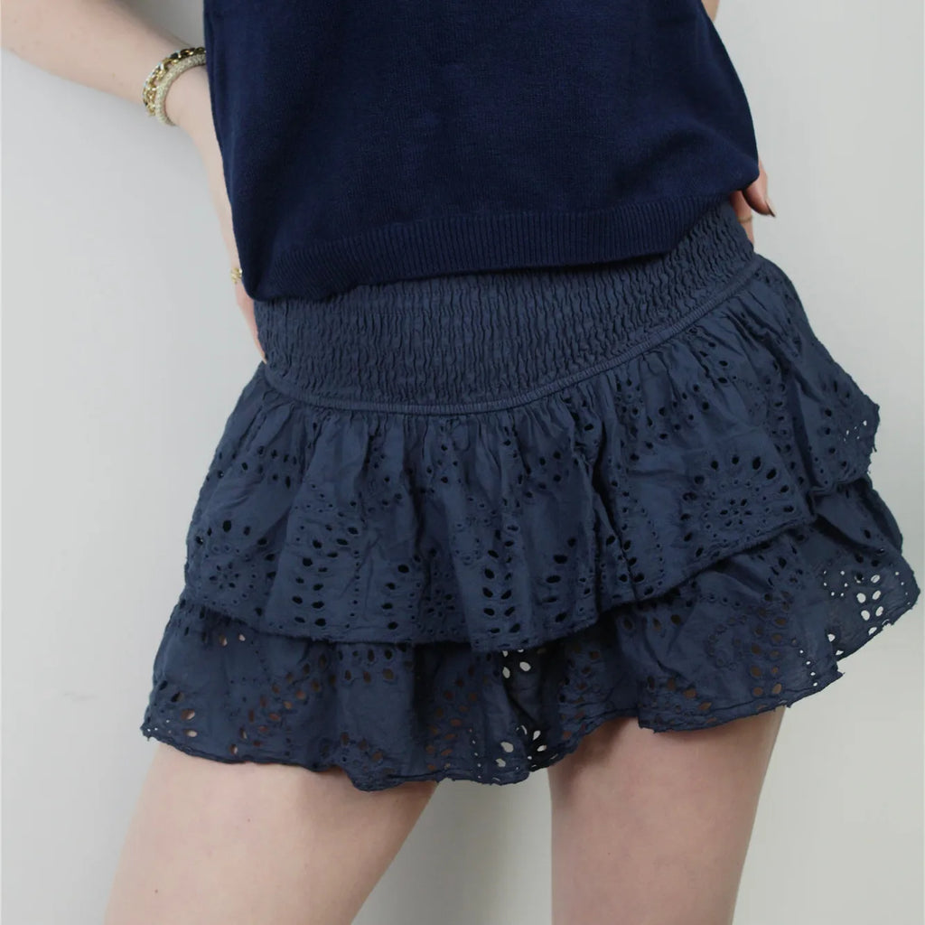 Elastic High Waist Eyelet Cutwork Tiered Mini Skort Women Double Layer Ruffle Hem Built In Short Sweet Casual Vacation Bottoms