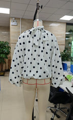 VacationGrabs Y2K Women Polka Dot Blouse Puff Long Sleeve Stand Collar Shirt Back Bow Tie Loose Cropped Top Fall Casual Backless Shirt