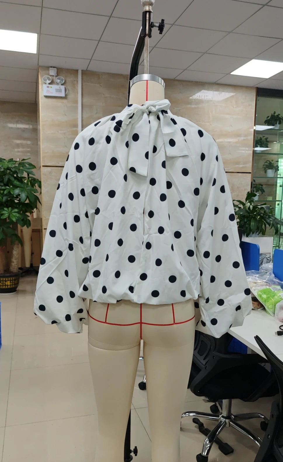 VacationGrabs Y2K Women Polka Dot Blouse Puff Long Sleeve Stand Collar Shirt Back Bow Tie Loose Cropped Top Fall Casual Backless Shirt