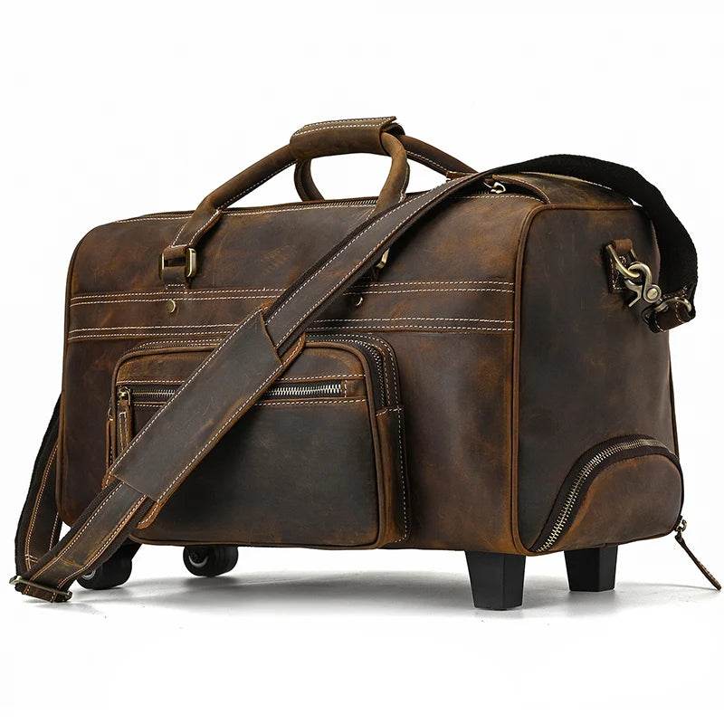 Large Genuine Leather Trolley Duffel – Rolling Luggage Bag - VacationGrabs