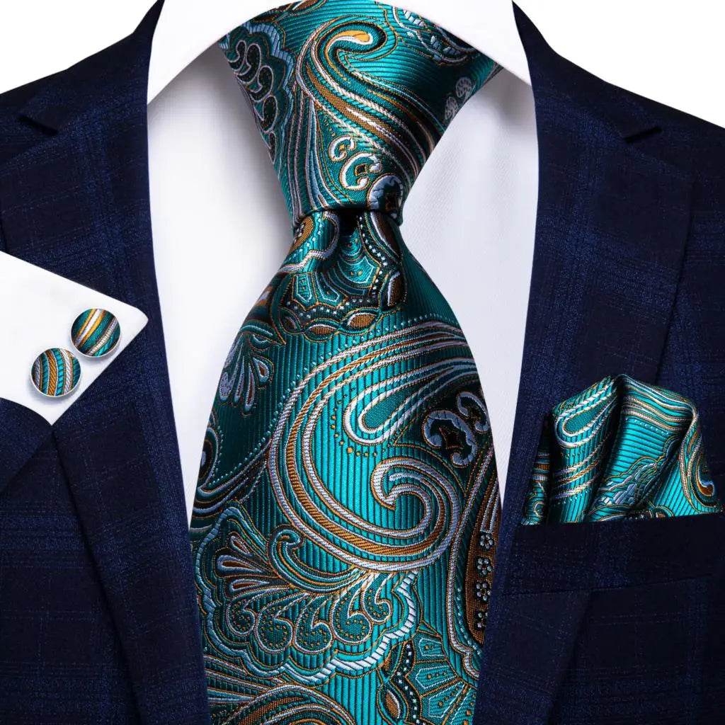 Teal Green Striped Silk Tie Sets for Men - VacationGrabs