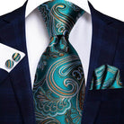 Teal Green Striped Silk Tie Sets for Men - VacationGrabs
