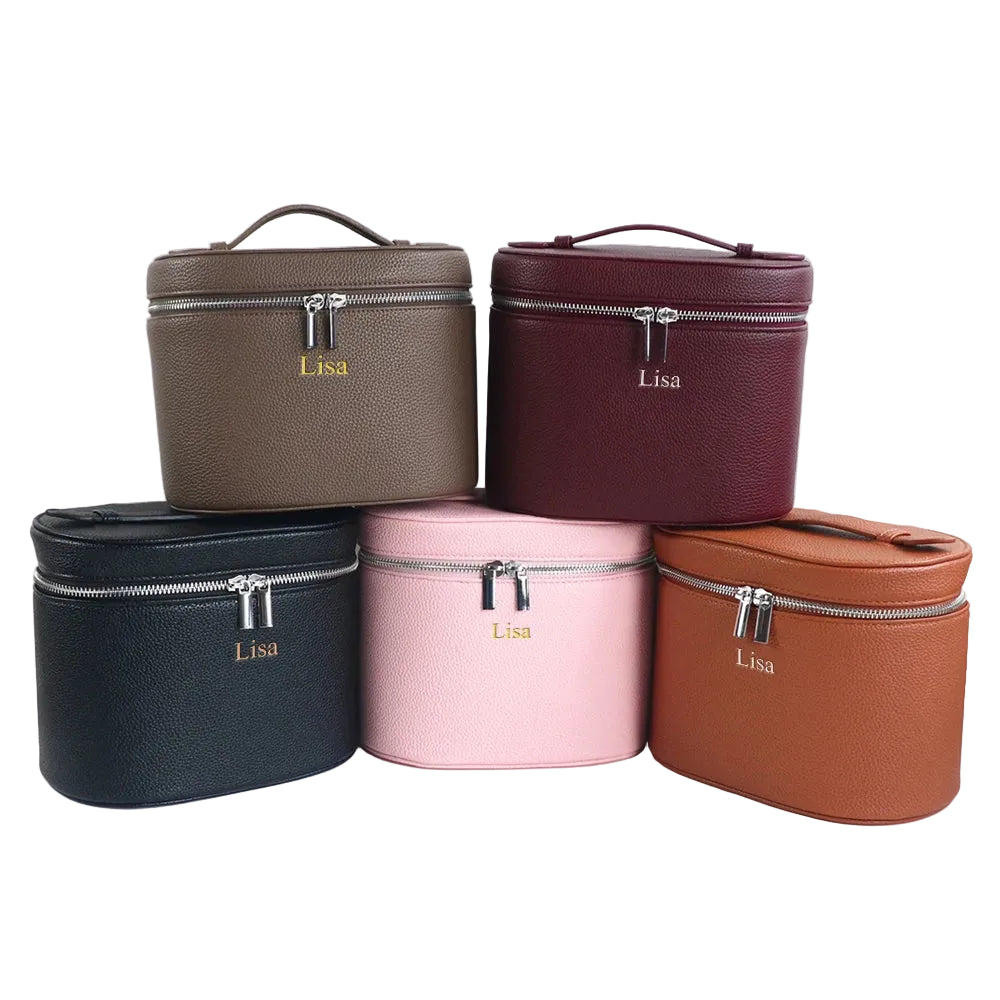 Five cosmetic bags in different colors with 'Lisa' branding on a white background
