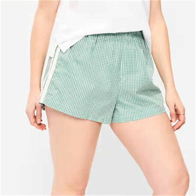 VacationGrabs Cute Women Plaid Sleep Shorts Elastic Waist Side Lace Trim Loose Casual Short Pants Summer Holiday Beach Lounge Wear