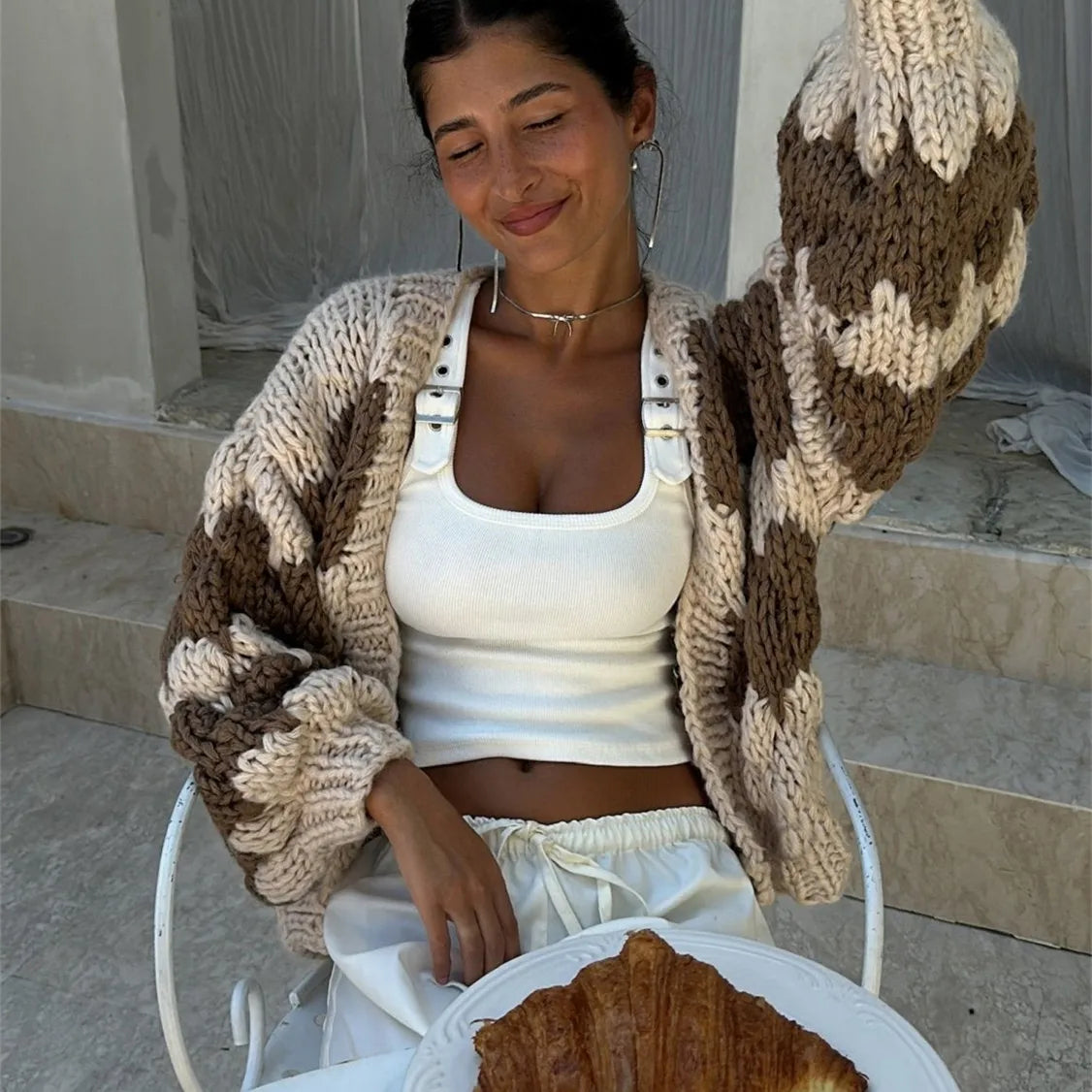 VacationGrabs Women Oversized Cardigan Sweaters Color Block Long Sleeve Chunky Knit Sweaters Coat Y2K Open Front Colorful Cardigans