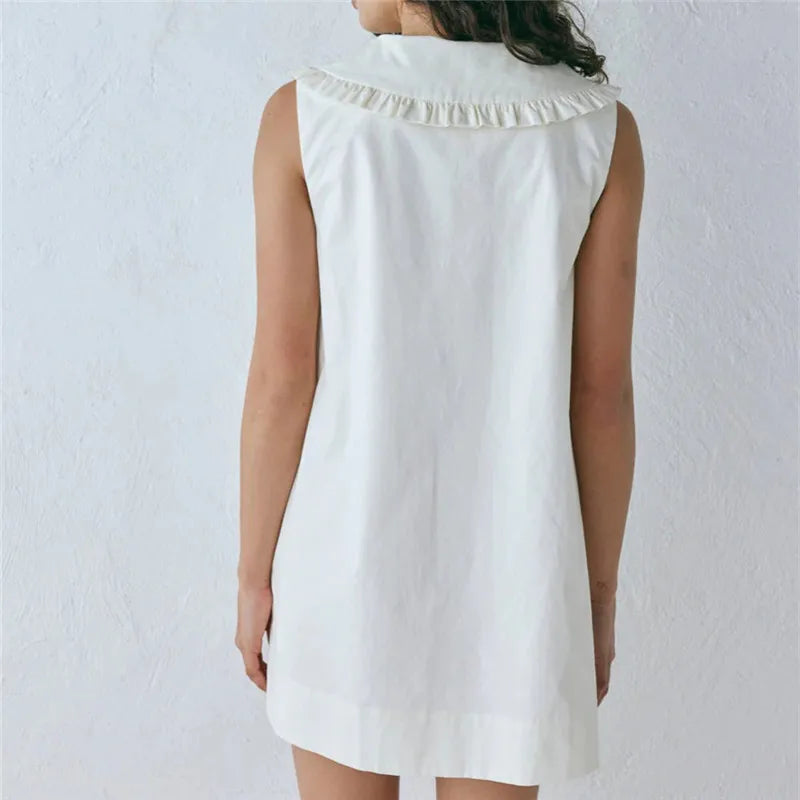 VacationGrabs Women Sleeveless A Line Mini Dress Ruffled Sailor Collar V Neck Bow Knot Loose Casual Summer Beach Vacation Short Dress