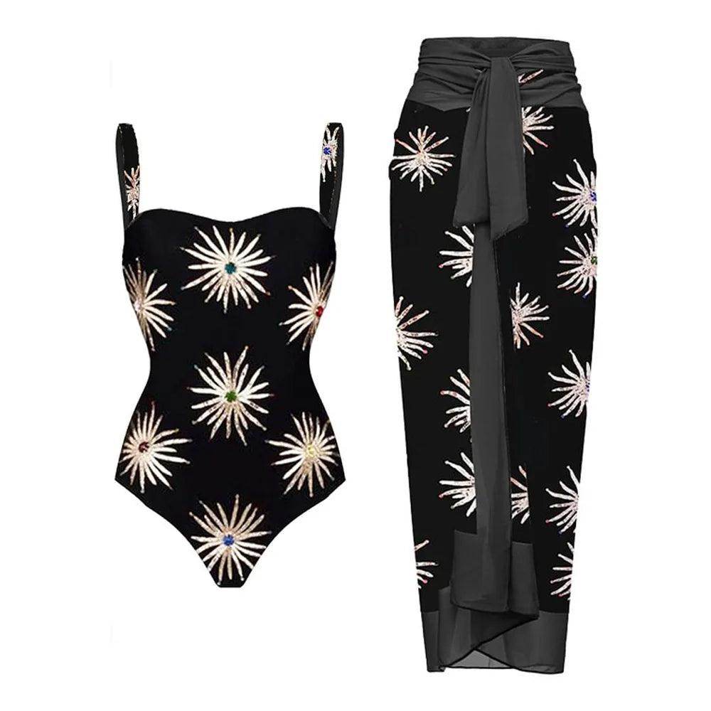 Retro One Piece Swimsuit Skirt Swimwear - VacationGrabs