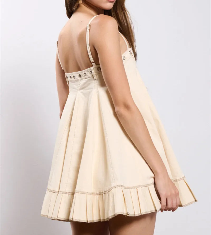 Women Slip Mini Dress Spaghetti Straps Backless Pleated A-line Dress Summer Loose Fit Mini Dress Y2K Cottage Streetwear