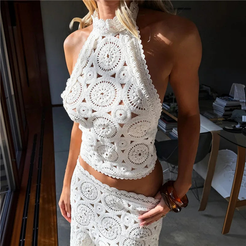 VacationGrabs Crochet Lace Two Piece Set Women Halter Crop Top Asymmetrical Midi Skirt Hollow Out Boho Beach Vacation Matching Outfit
