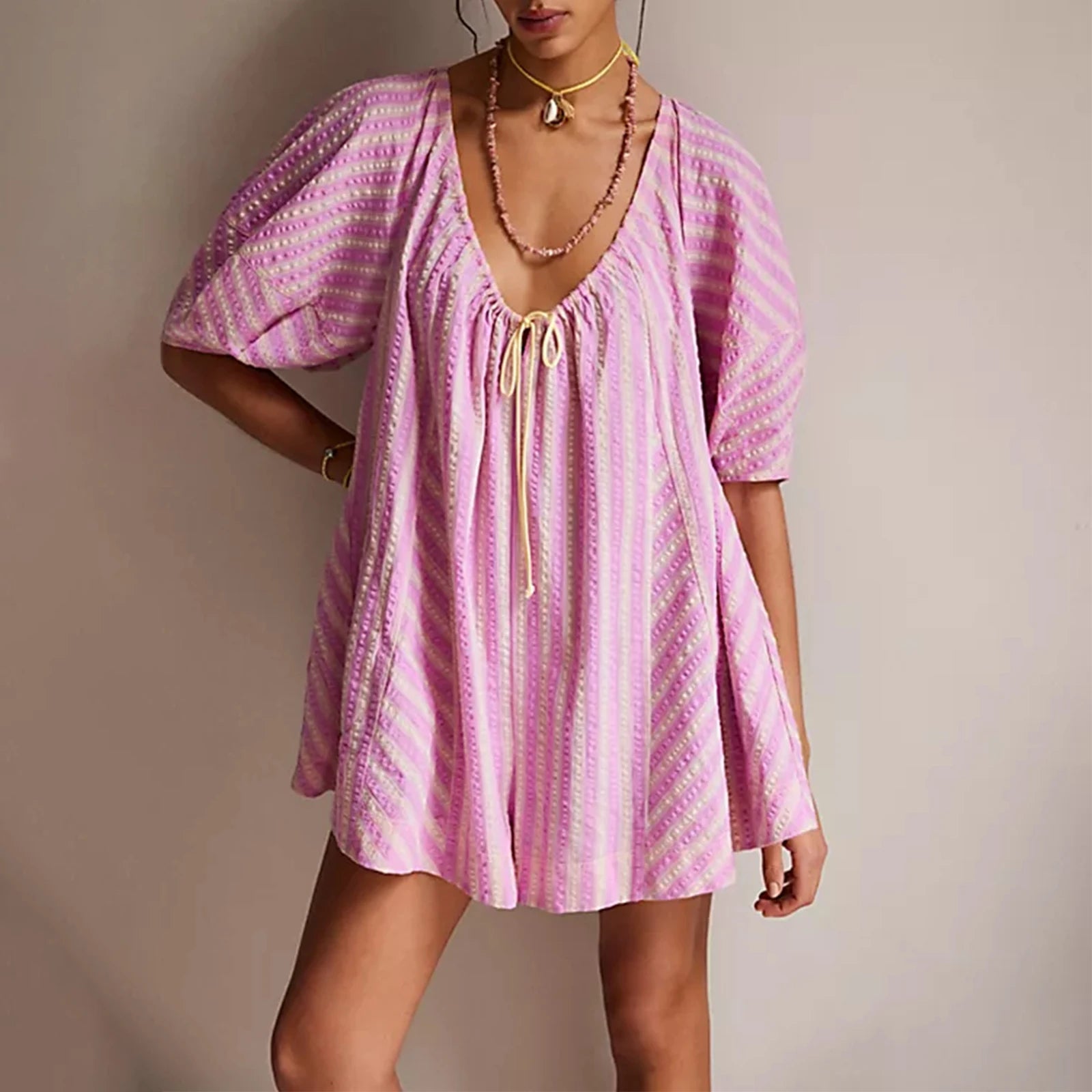 Fashion Women Y2k Rompers Dress Sexy Loose Puff Sleeve V Neck Striped Jumpsuits Shorts Summer Trendy Overalls Dresses