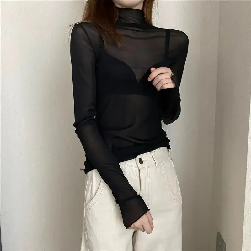 Floral Lace Layering Shirt Long Sleeve See Thru Mesh