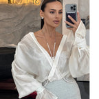 VacationGrabs Women Button Down Shirt Lightweight Loose Fit Casual Stylish Sheer Solid Color Turn Down Collar Lantern Long Sleeve Tops
