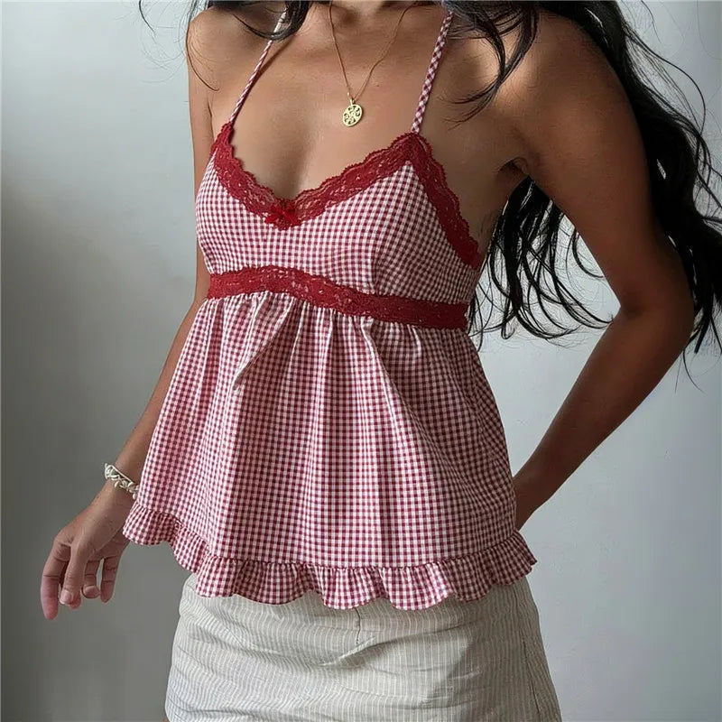 Coquette Retro Gingham Babydoll Cami Women Red Lace Trim V Neck Bow Ruffle Hem Back Elastic Smocked Plaid Sleeveless Tank Top